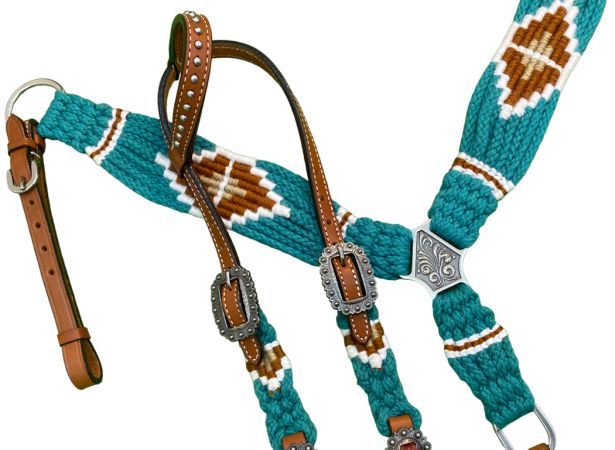 Showman Pony Size Corded One Ear Headstall &amp; Breast collar set - Teal and Brown #3